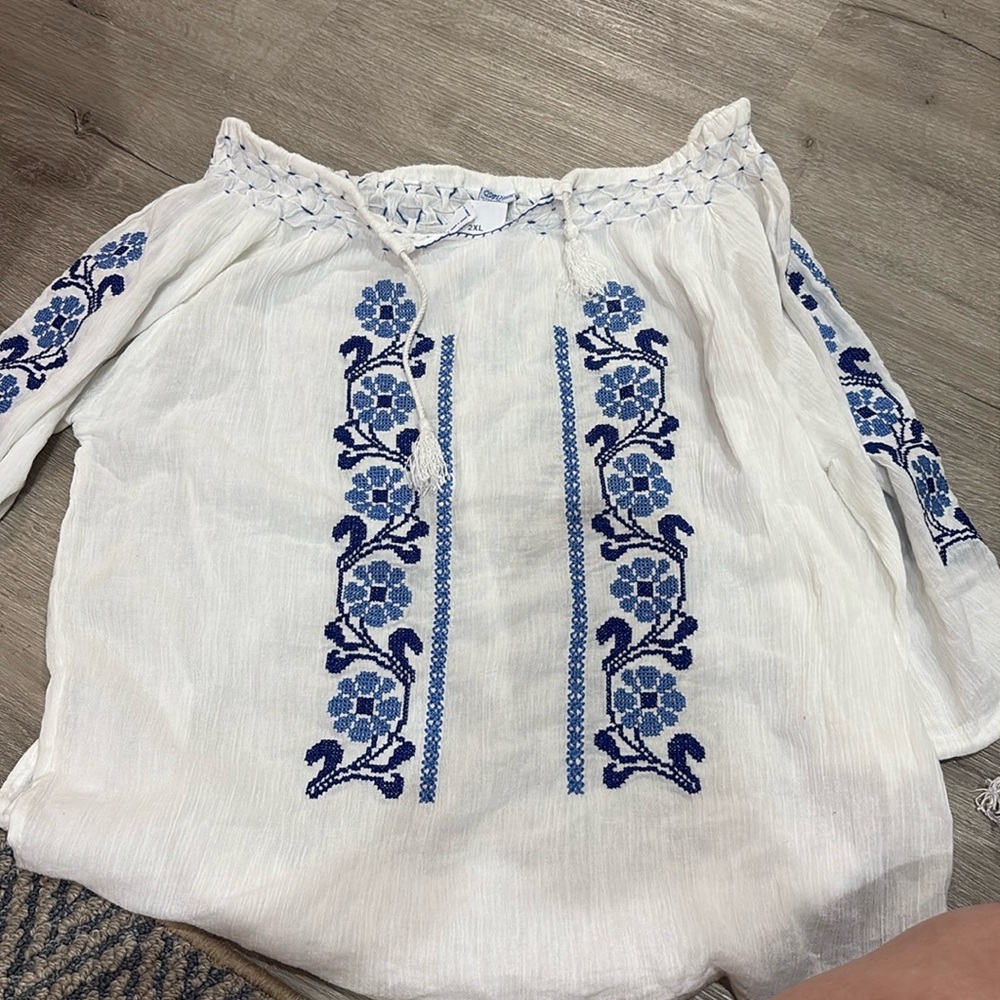 Traditional Eastern European Embroidered Floral Off-Shoulder Tie-Front Top
